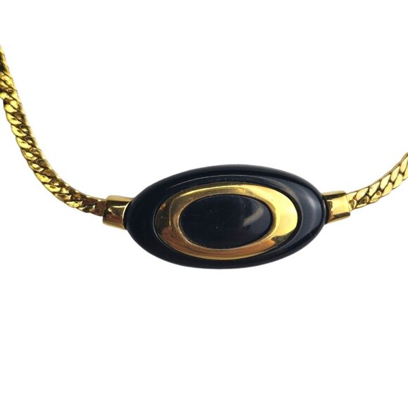Crown Trifari Statement Black Gold Necklace Glam Vintage 80s 15" - Picture 2 of 9